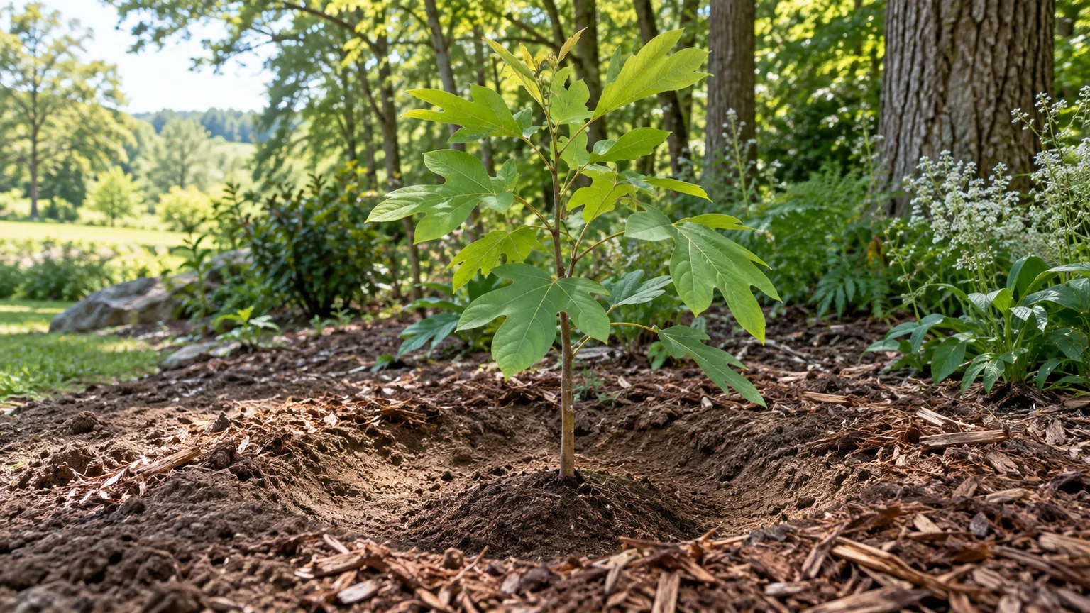 A young sassafras planted at a bright woodland edge in loose, well-drained soil