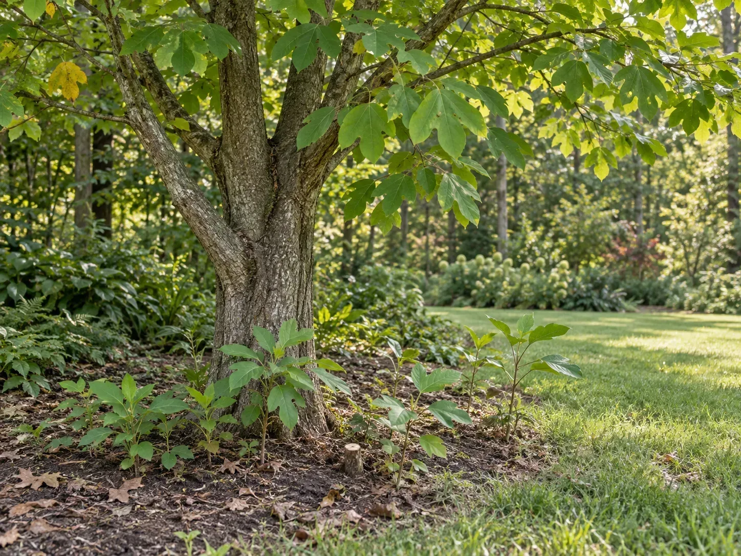A mature sassafras with naturally emerging root suckers at the woodland-lawn edge