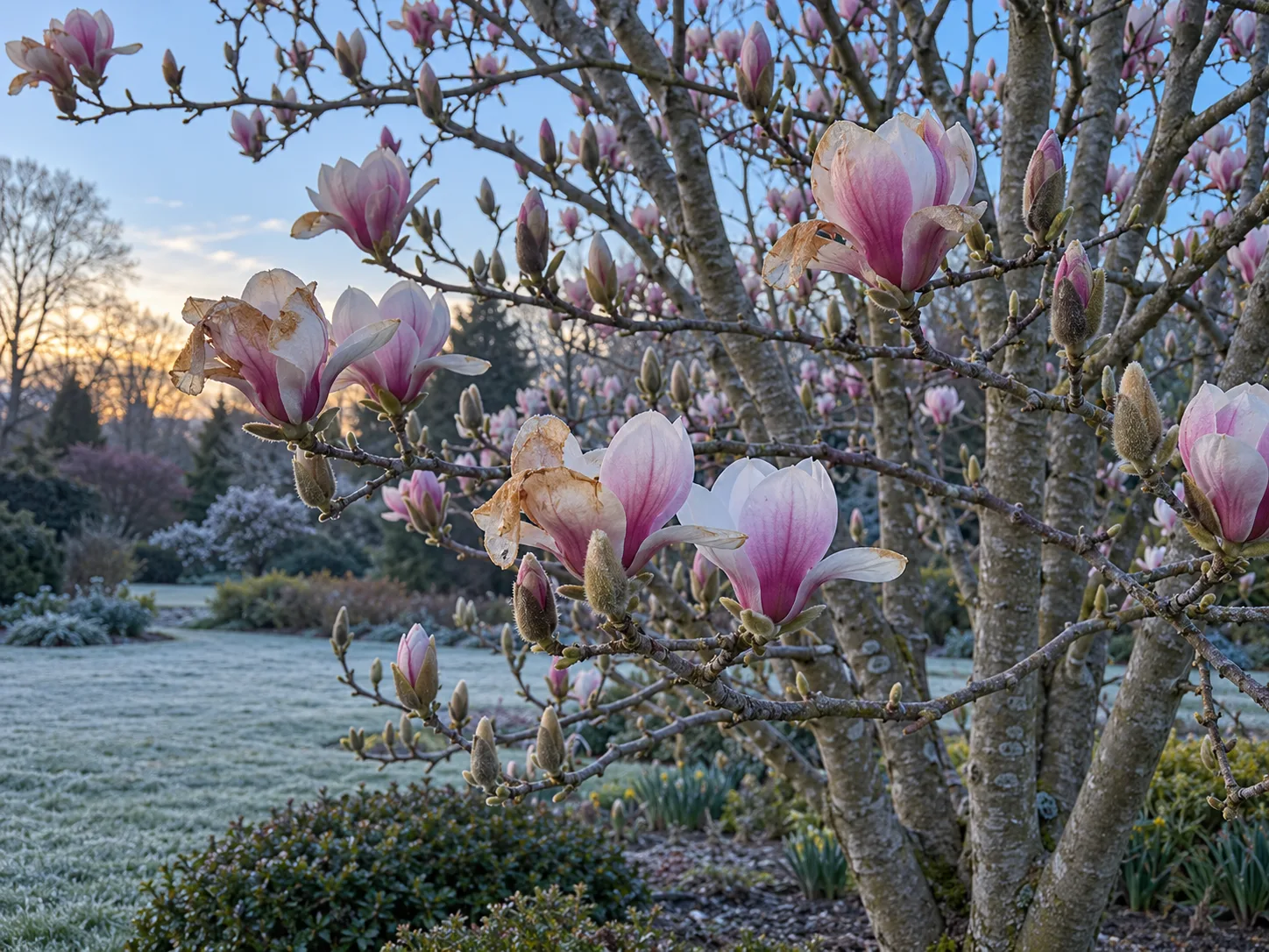 Saucer magnolia blossoms with browned petal edges after a late frost while the tree remains healthy