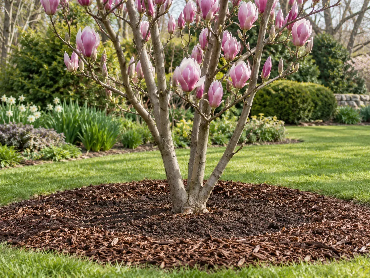 Young saucer magnolia planted at grade with a broad mulch ring kept away from its trunks