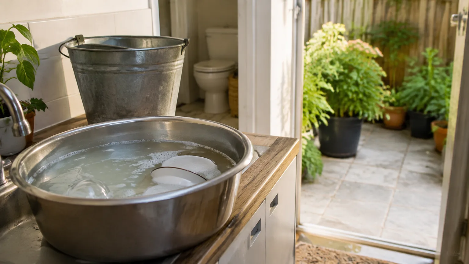 Basin of lightly soapy dishwater and a utility bucket beside a patio garden