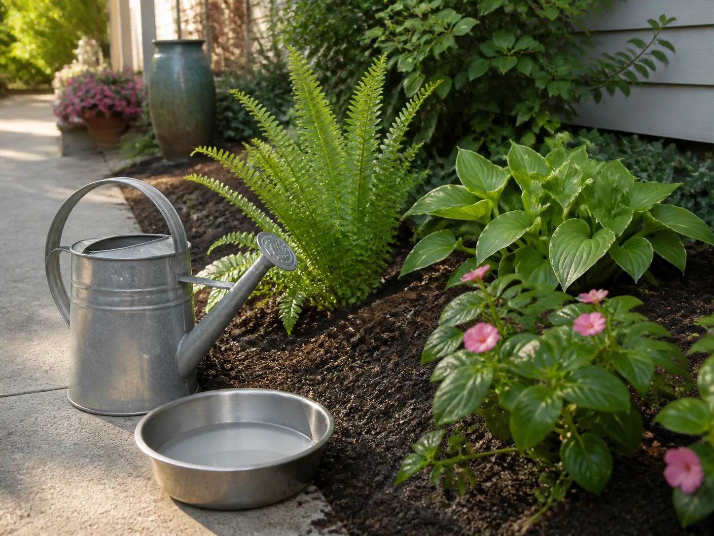 Watering can and basin of dish-rinse water beside established ornamental plants