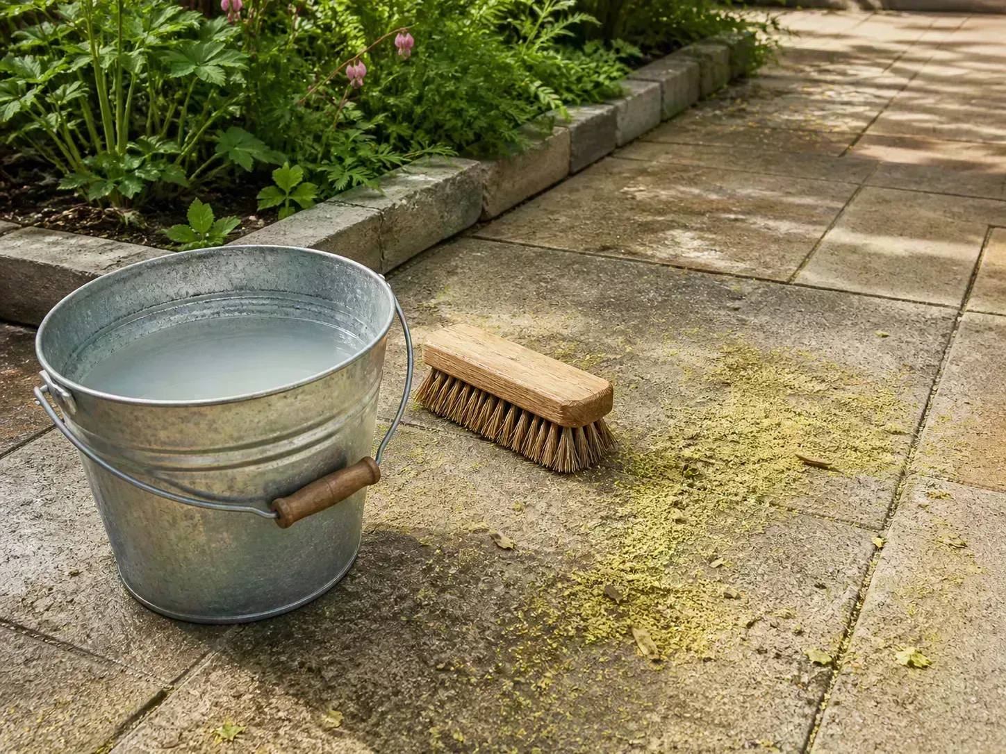 Utility bucket and stiff brush beside a lightly soapy patio being cleaned