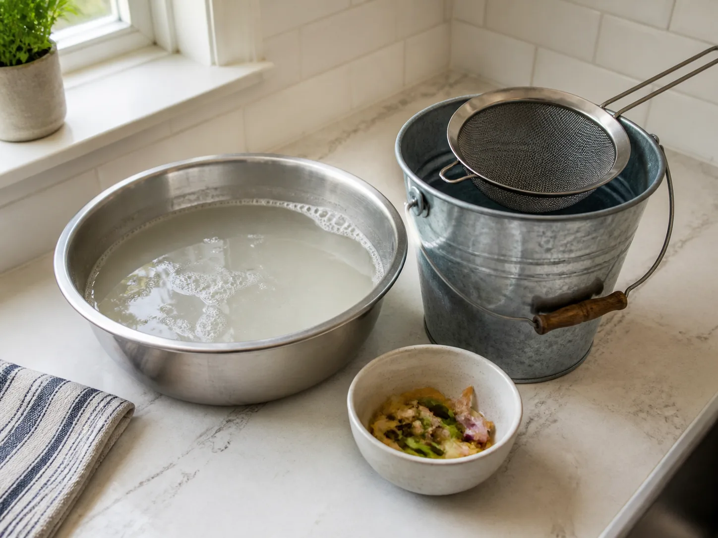 Fine-mesh strainer, utility bucket, and basin of dish-rinse water on a kitchen counter
