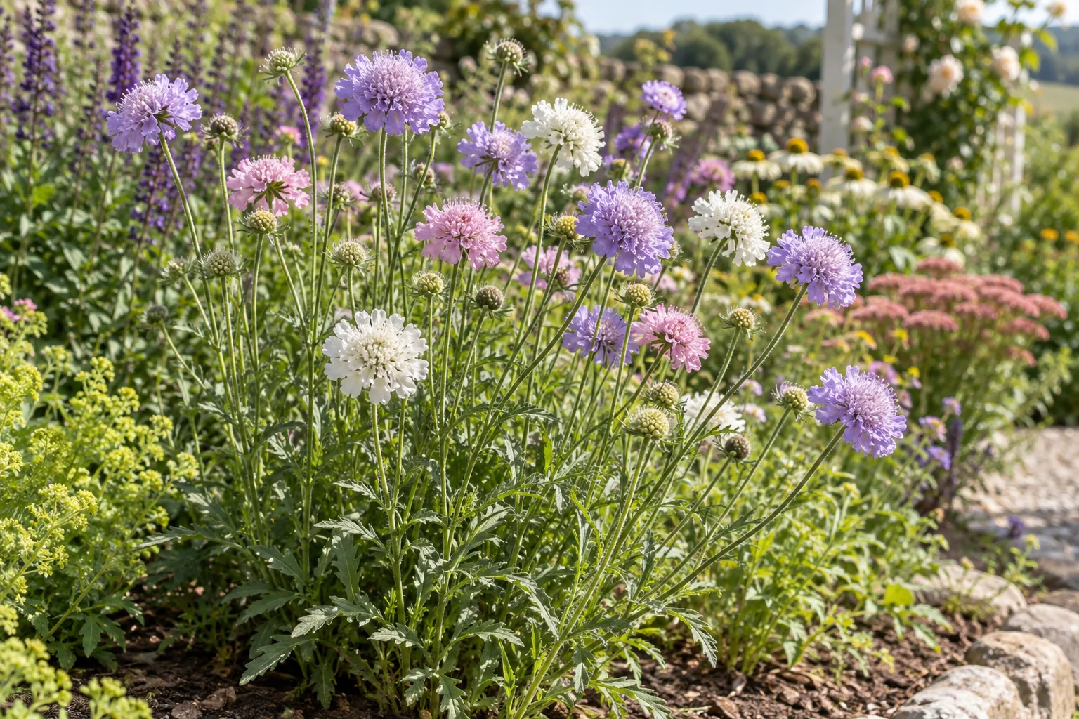 Lavender, pink, and white scabiosa pincushion flowers in a sunny garden border