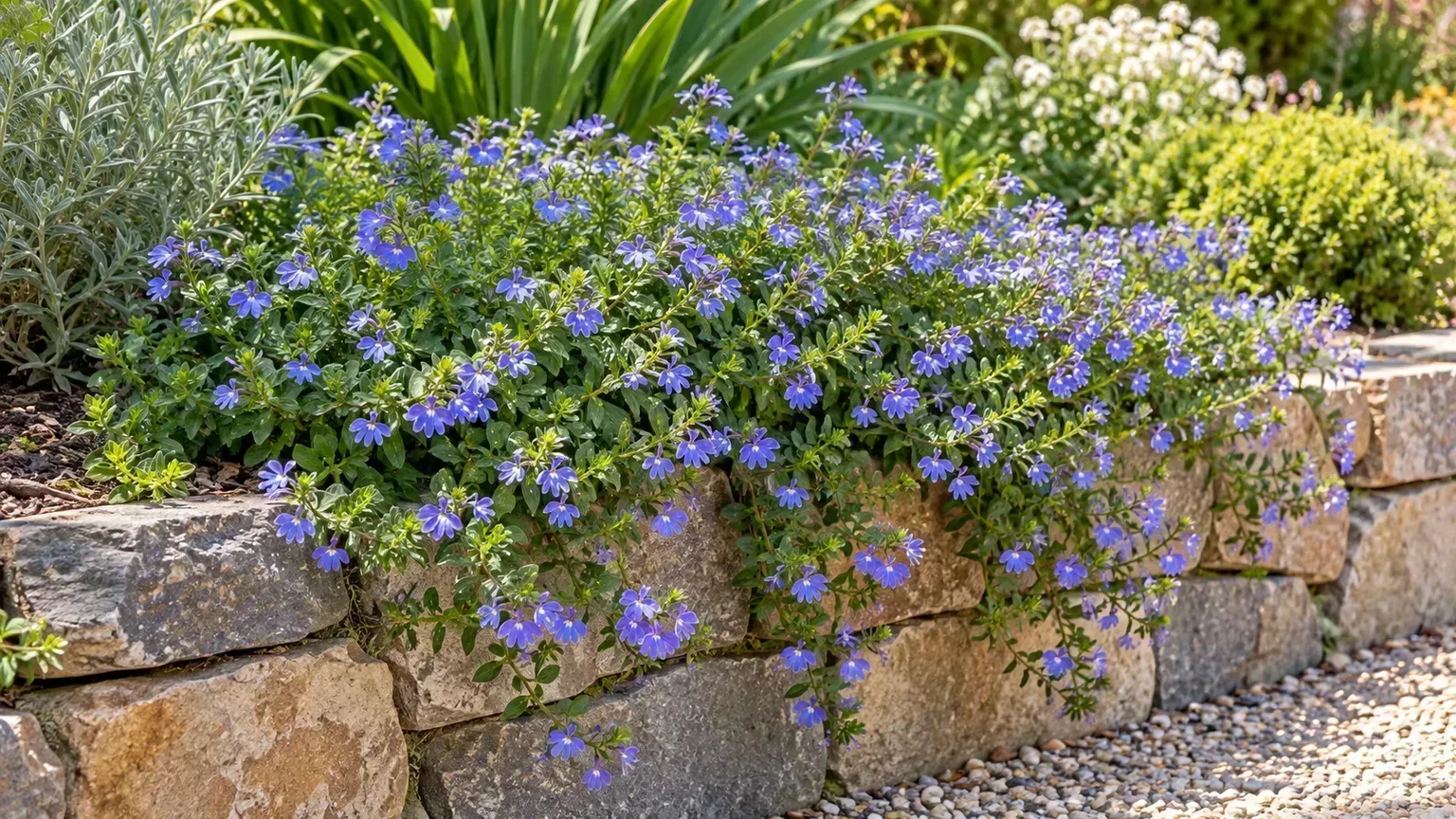 Scaevola spreading over the front edge of a sunny, well-drained garden bed