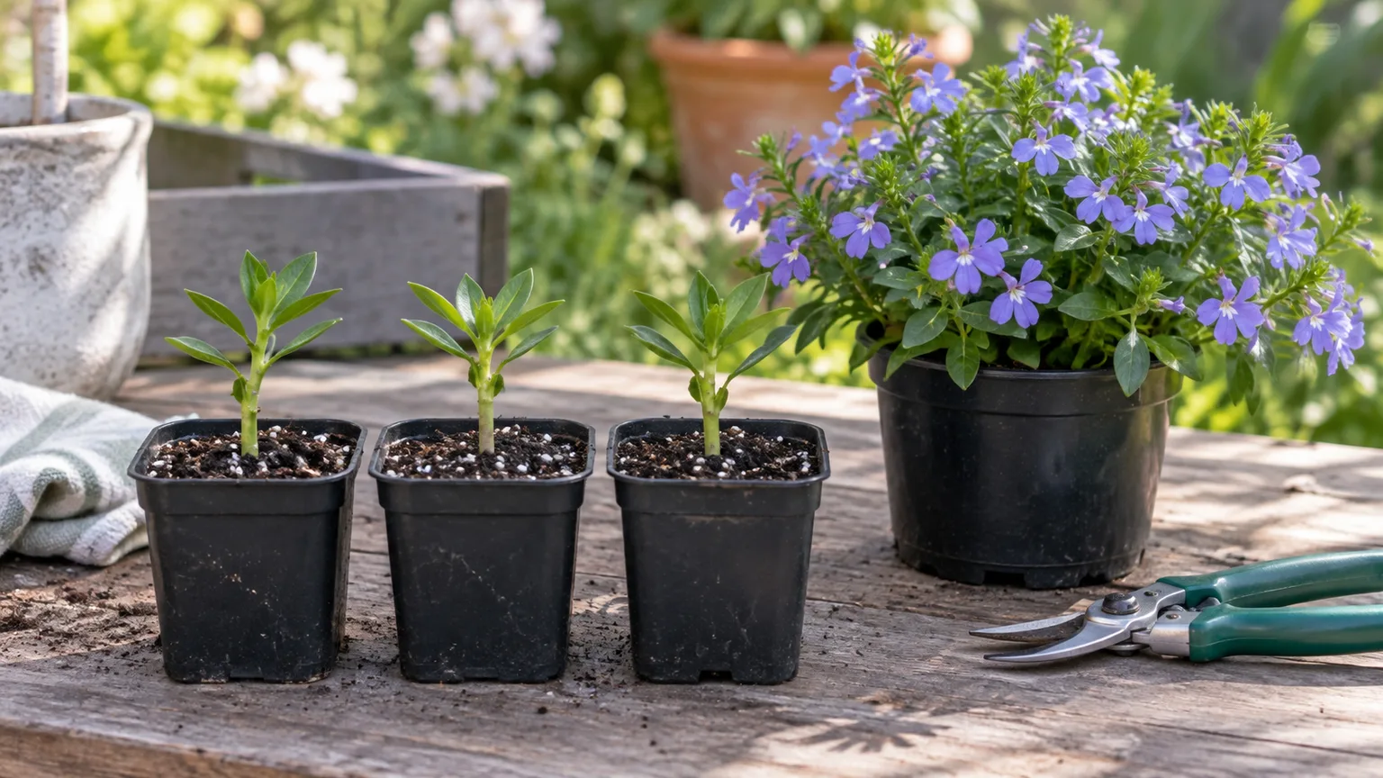 Young Scaevola stem cuttings set in pots beside the flowering parent plant