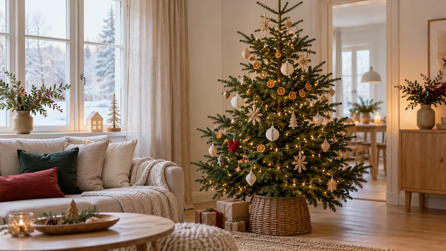 Decorated evergreen Christmas tree indoors during the holidays