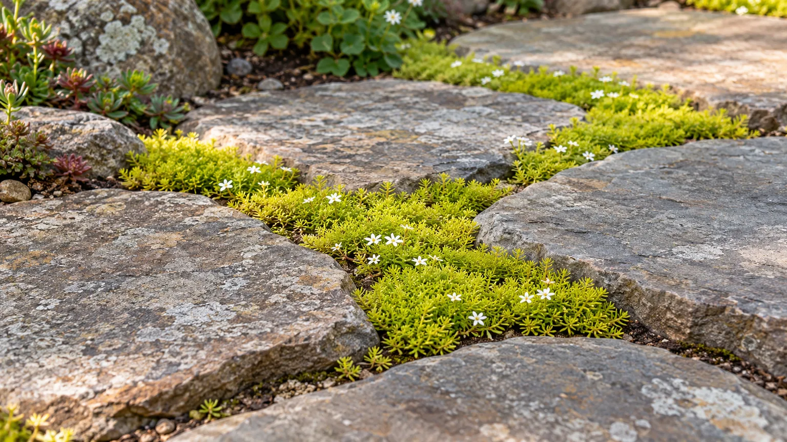 Chartreuse Scotch moss growing in narrow joints between weathered flagstones
