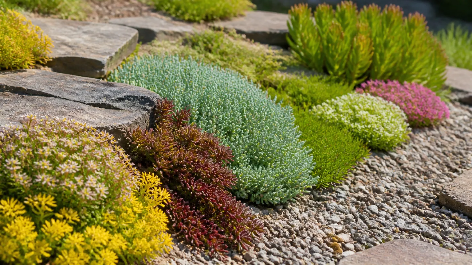 Mixed creeping sedum ground covers spreading between flat stones in a sunny gravel garden