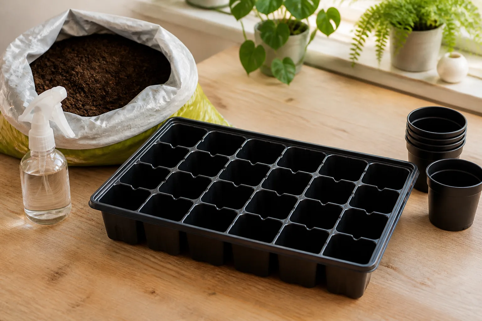 Indoor seedling tray under close LED lights with thin spacing and a small fan for airflow