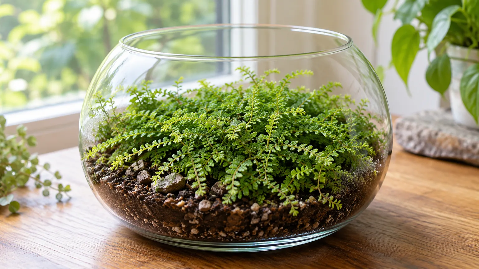 Selaginella kraussiana growing as a low mat in a bright, open glass terrarium.