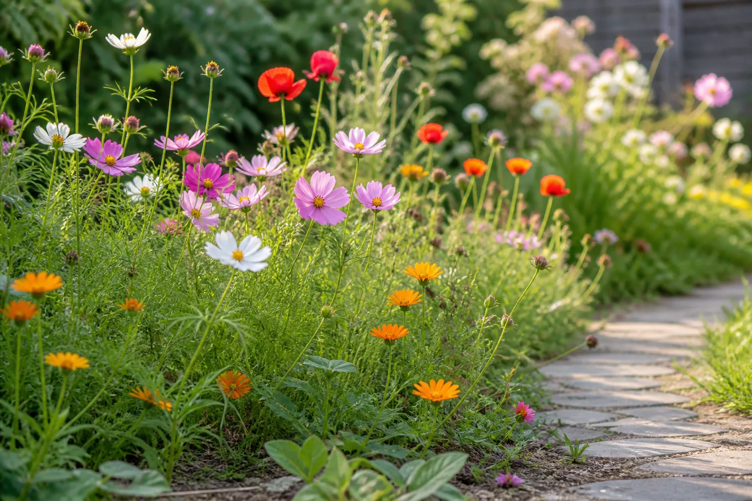 Mixed self-seeding annual flowers blooming in a sunny cottage garden bed
