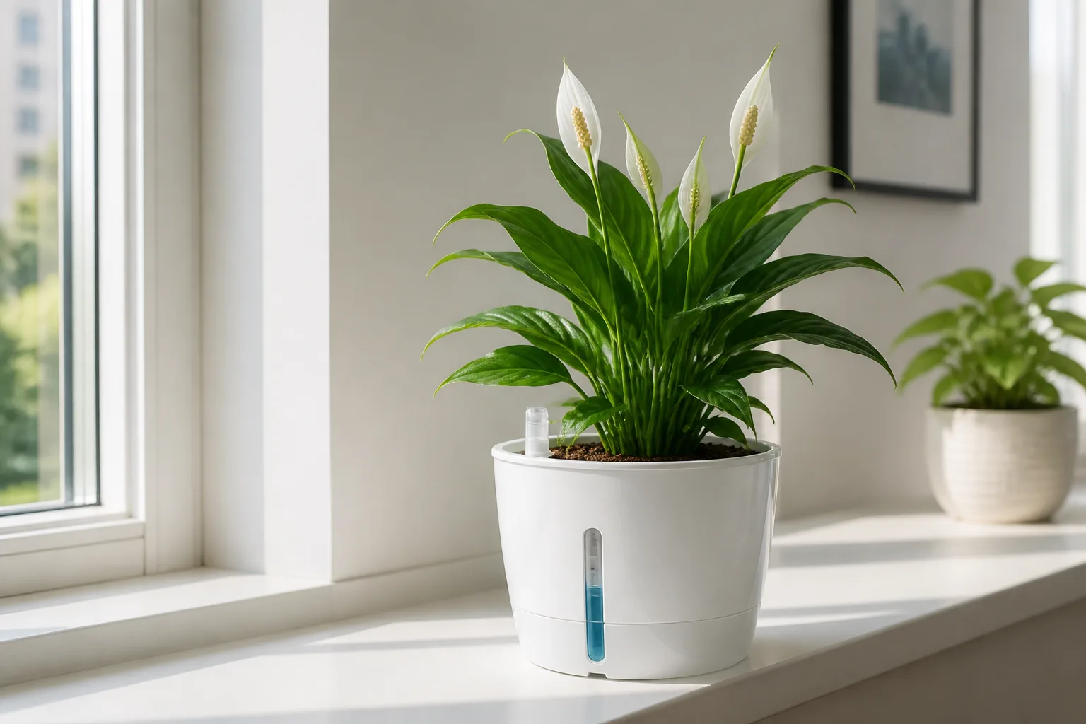 Commercial self-watering planter with a peace lily and visible reservoir water-level window on a bright indoor windowsill