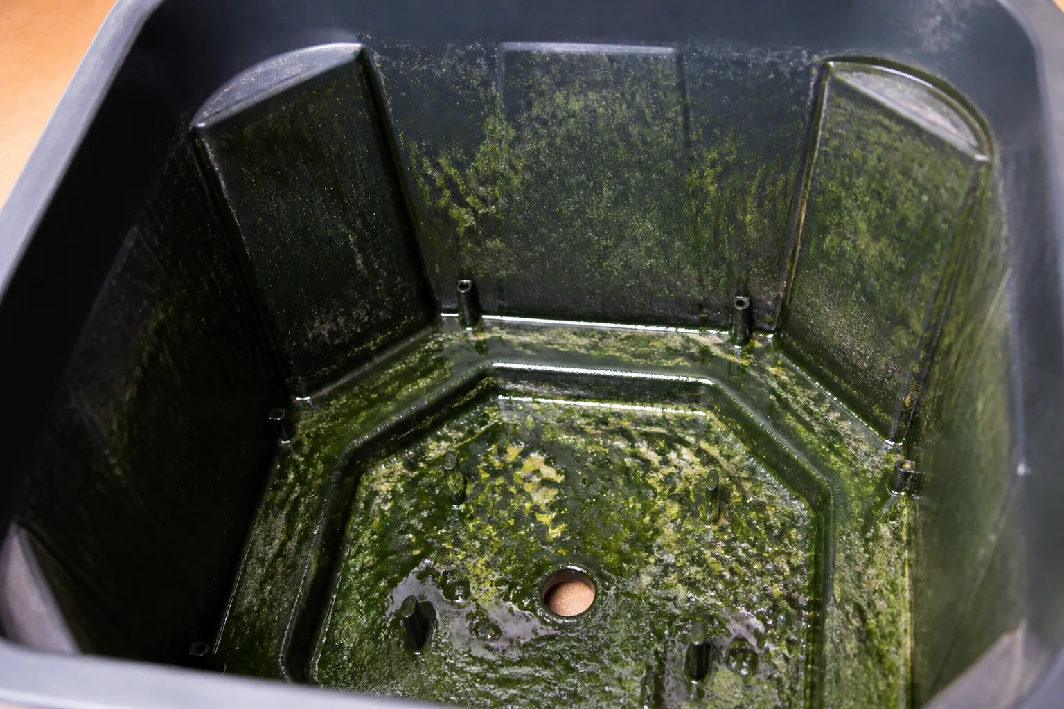 Green algae film and slime coating the empty plastic reservoir chamber of a commercial self-watering pot