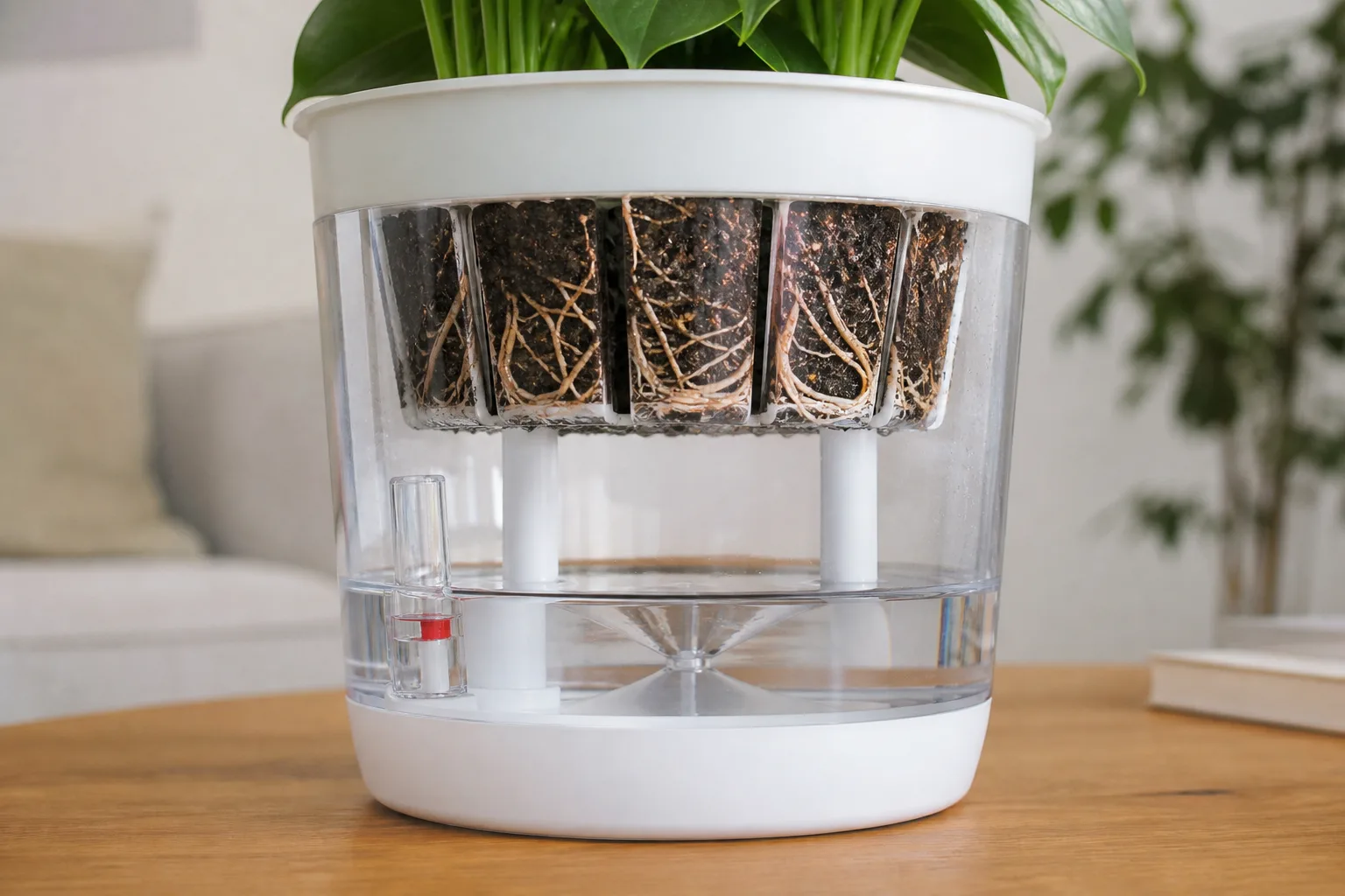 Commercial self-watering planter with soil insert lifted to show the separate lower water reservoir below the soil platform