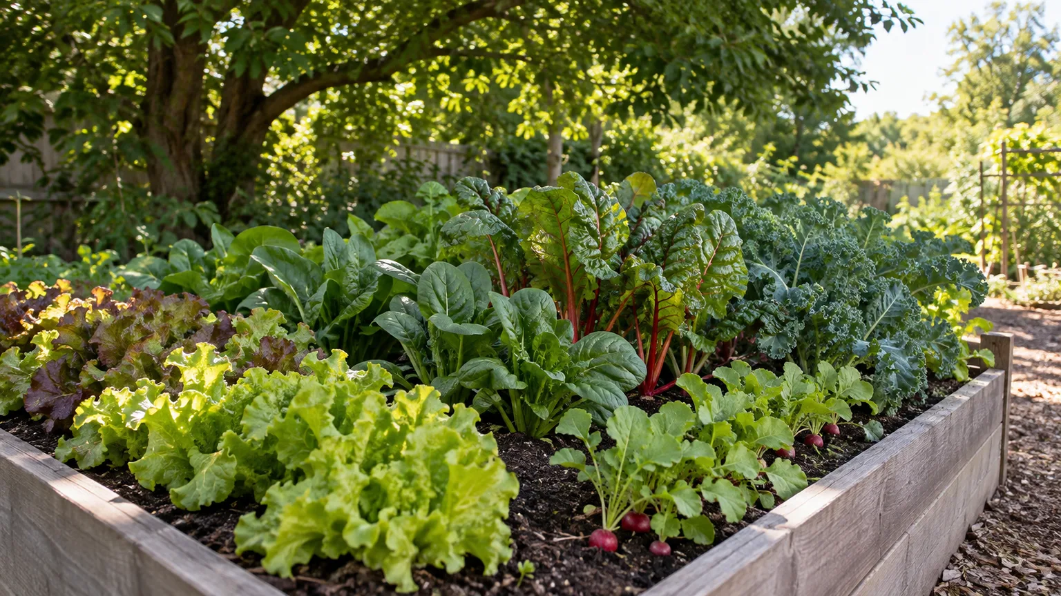 Leafy greens and radishes growing in a raised bed beneath dappled tree shade