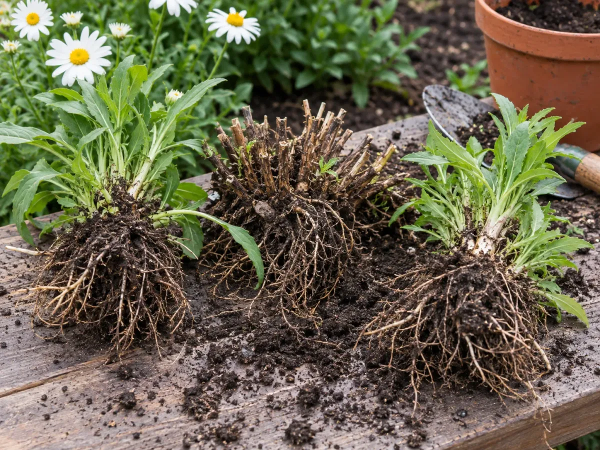 Shasta daisy divisions showing healthy roots and basal shoots beside an older woody center