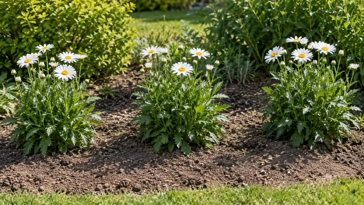 Three Shasta daisy clumps spaced apart in a sunny, well-drained garden border