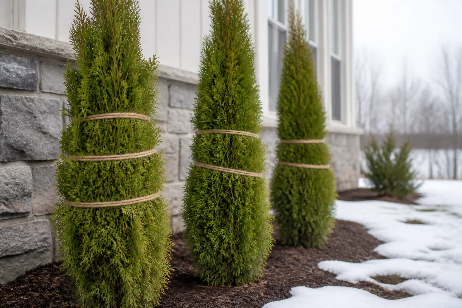 Narrow upright arborvitae evergreen shrubs bound with soft twine before forecast winter ice storm