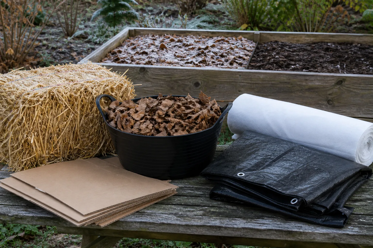 Straw bale, shredded leaves, cardboard, tarp, and frost fabric arranged beside a raised garden bed