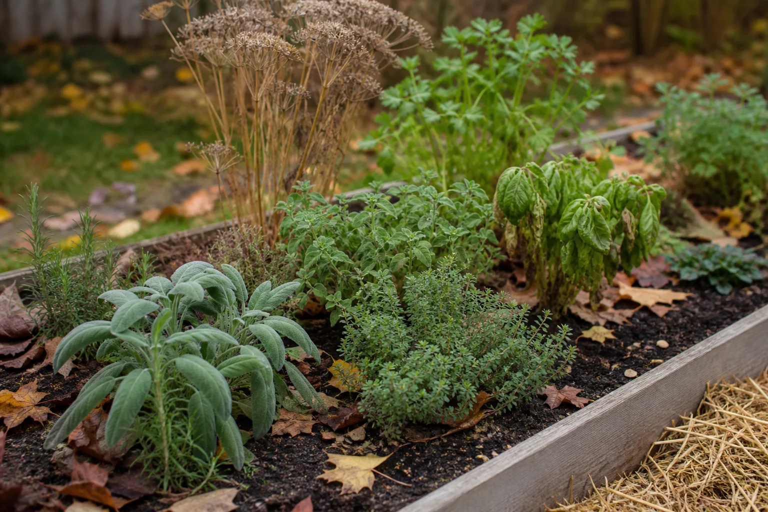 Mixed culinary herb bed in late fall with frost-damaged basil, standing cilantro, and woody sage and thyme