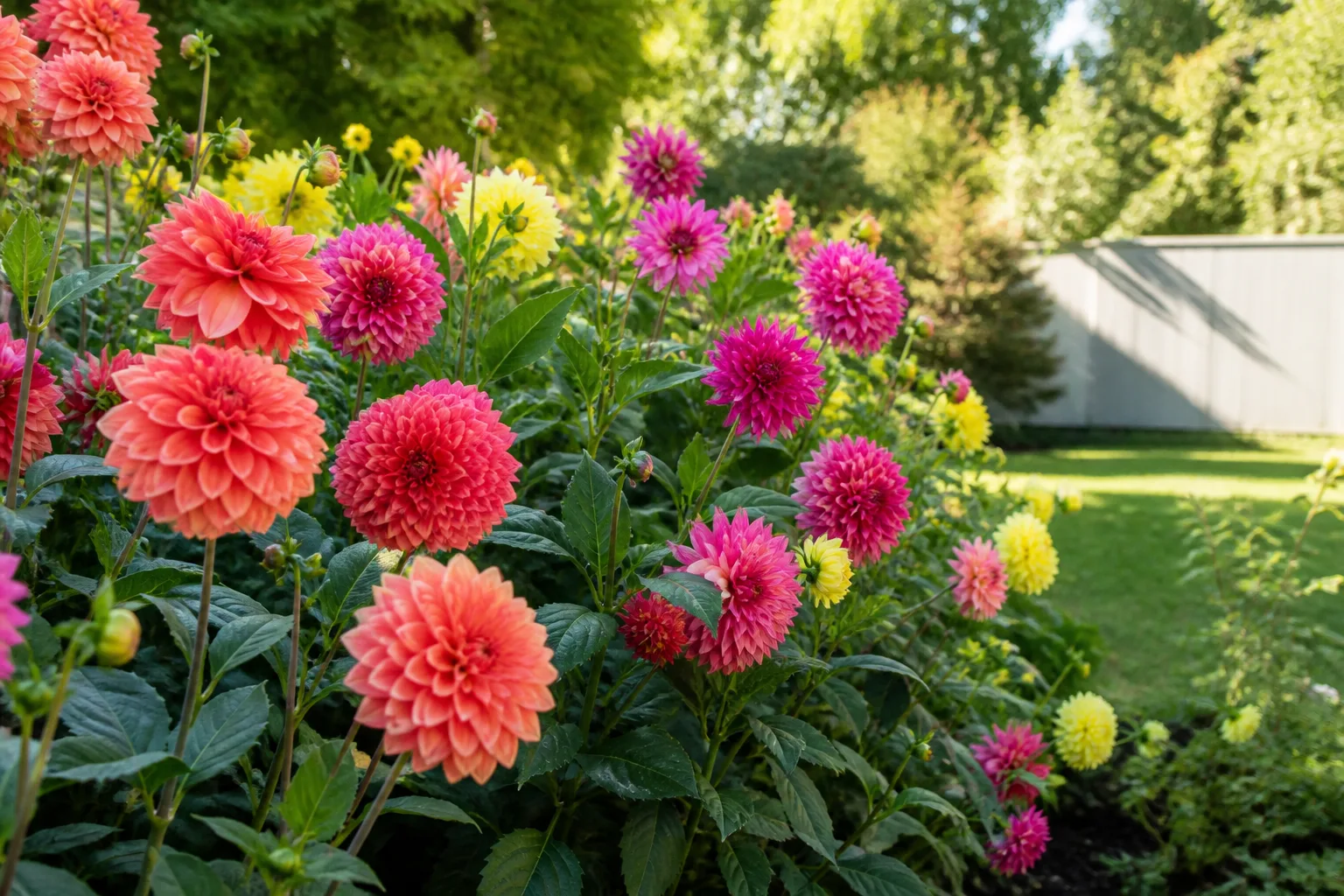 Colorful dahlias in full summer bloom along a sunny garden border