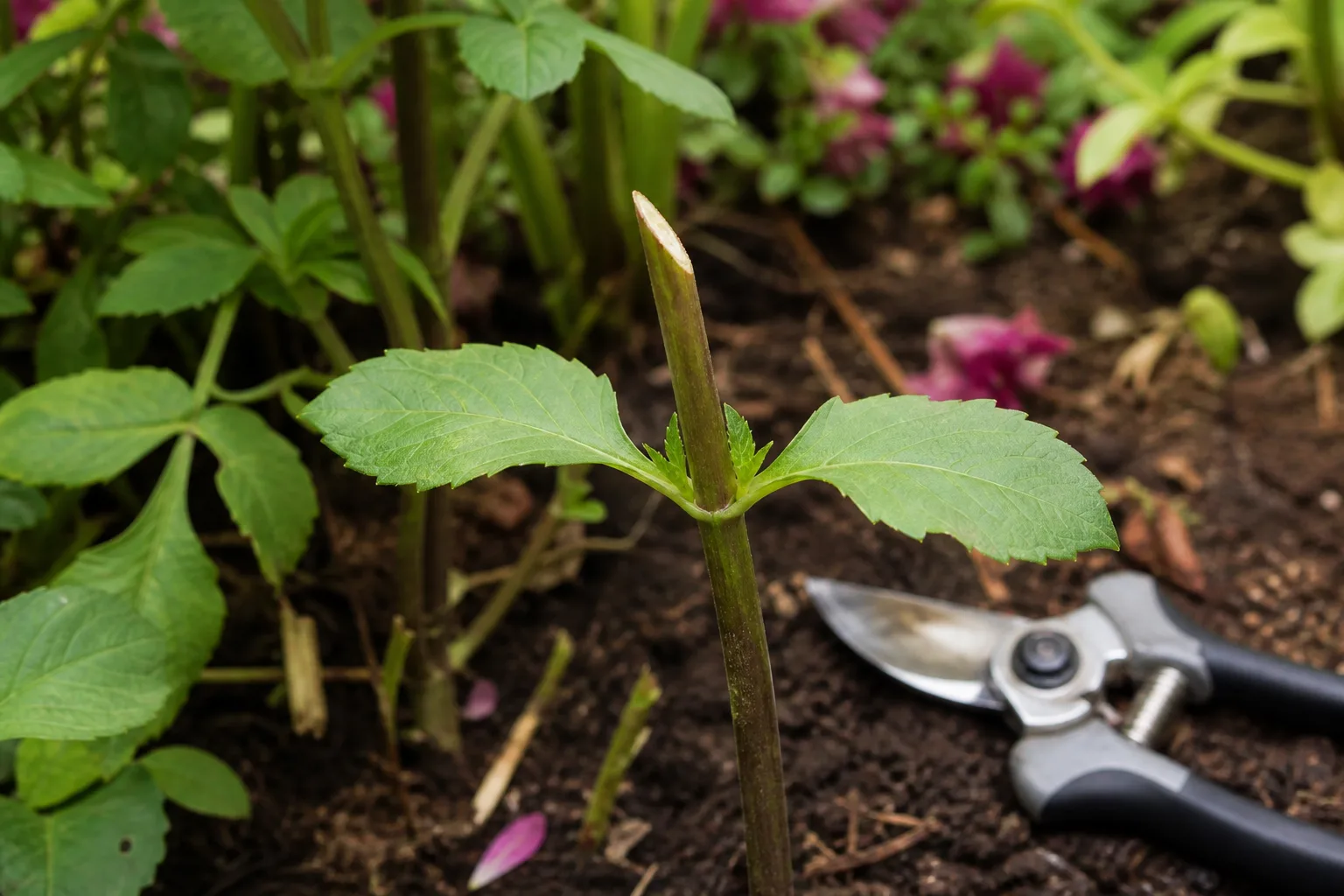 Dahlia stem cut at a leaf joint after removing a spent bloom