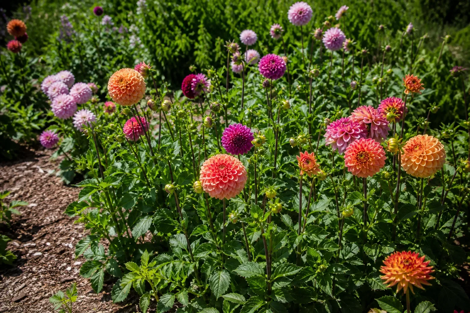 Dahlias in a mulched summer border with blooms at different stages during hot weather