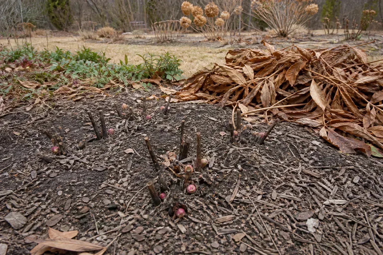 Herbaceous peony stems cut back near the crown after frost with mulch around but not over the dormant eyes
