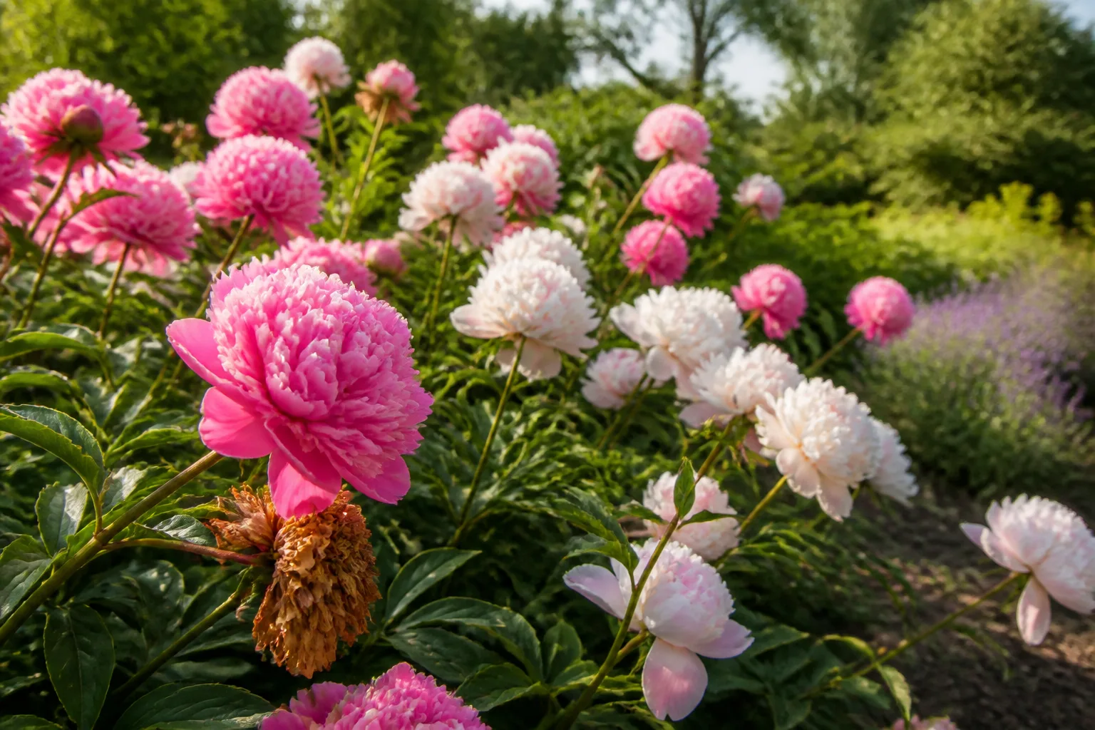 Pink and white herbaceous peonies blooming in a sunny late-spring perennial border with green foliage intact