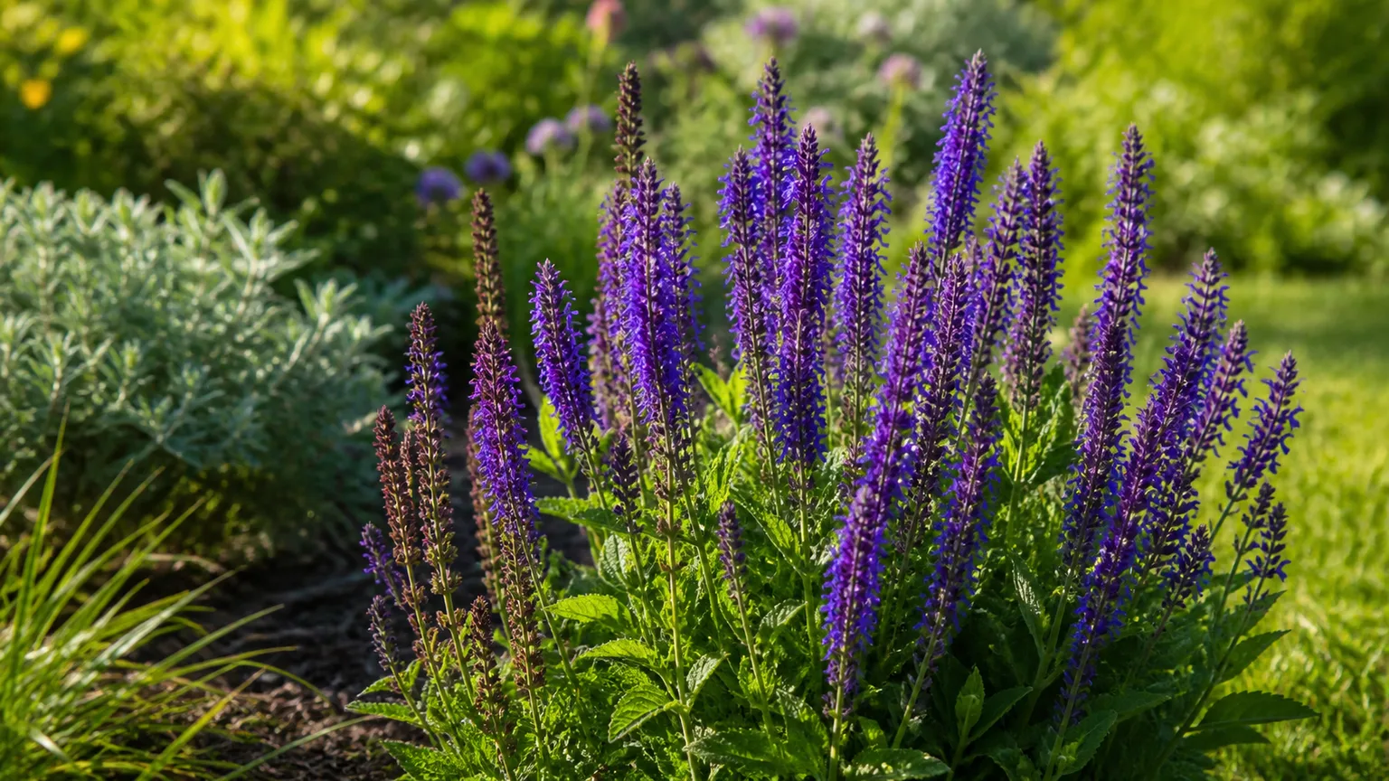 Healthy purple-blue salvia flower spikes in a sunny garden border