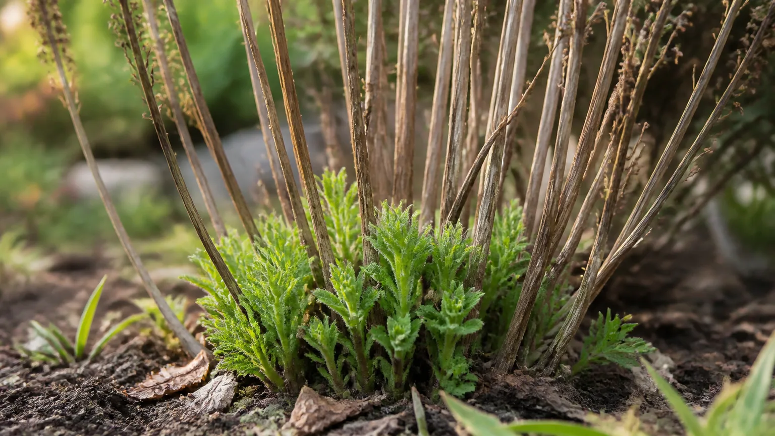 Fresh green salvia shoots emerging from the crown below last season's dry stems