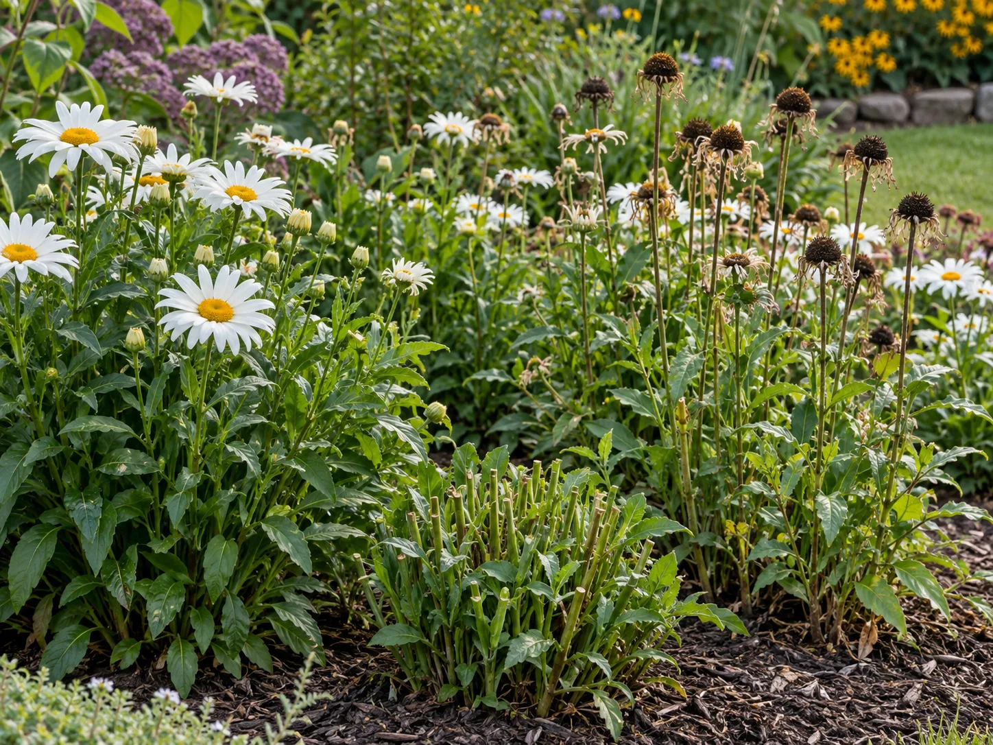 A late-season daisy bed shows green foliage after cutting back and mature seedheads left standing