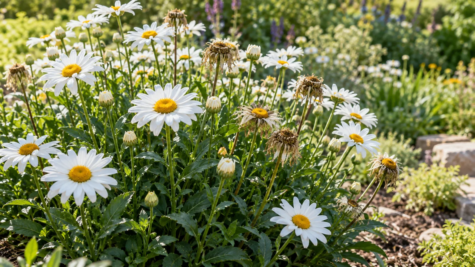 Shasta daisies in a sunny garden with fresh flowers, buds, and spent heads