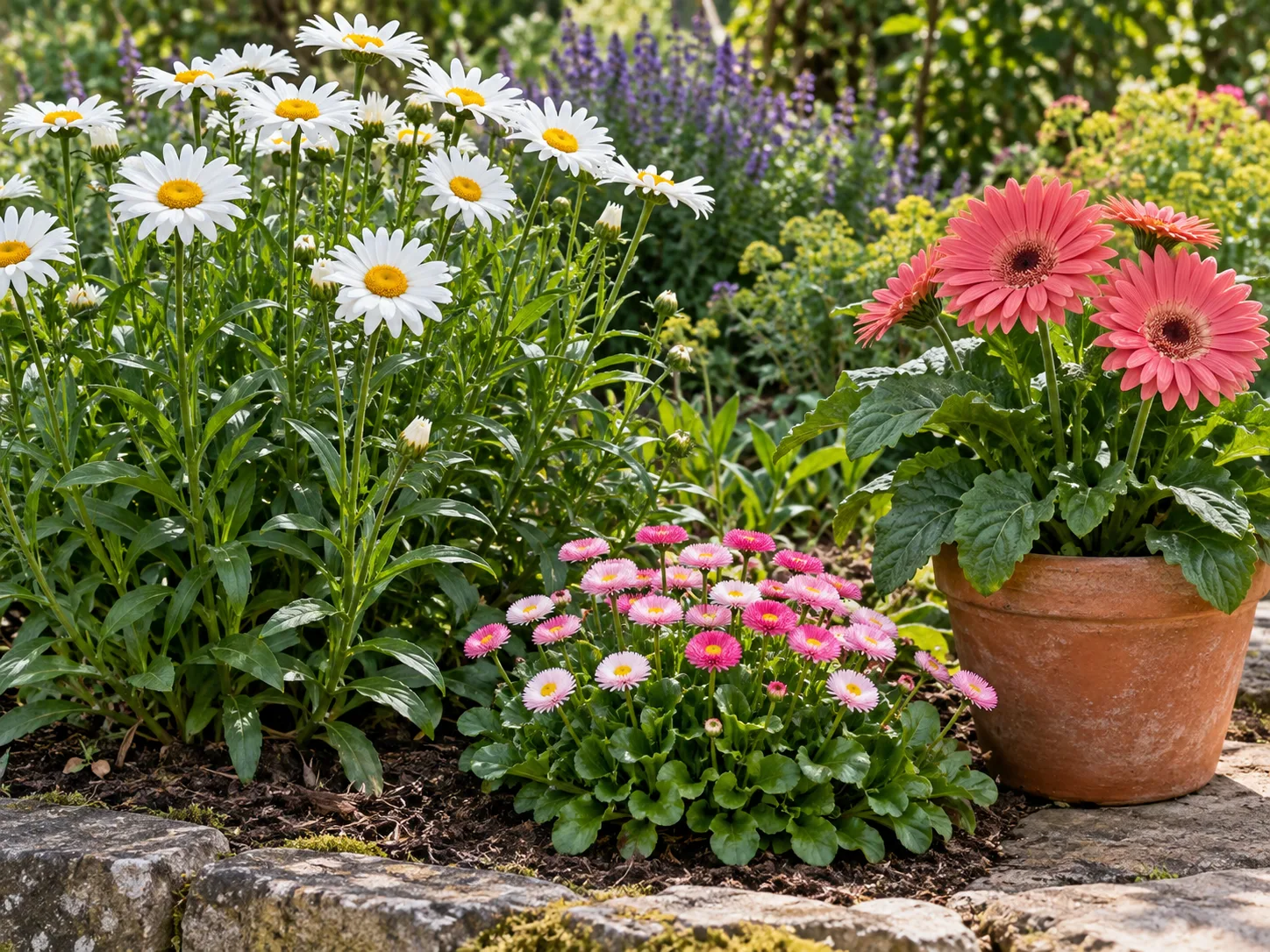 Shasta, compact English, and potted Gerbera daisies show different growth forms