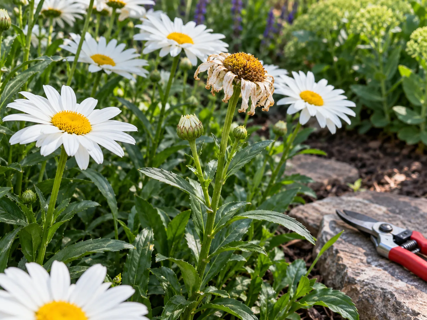 A spent Shasta daisy stands beside fresh blooms and buds, with pruners resting on a nearby stone