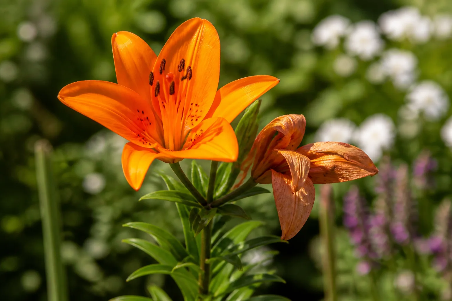 Fresh orange lily bloom beside a spent brown wilted flower on the same green stem