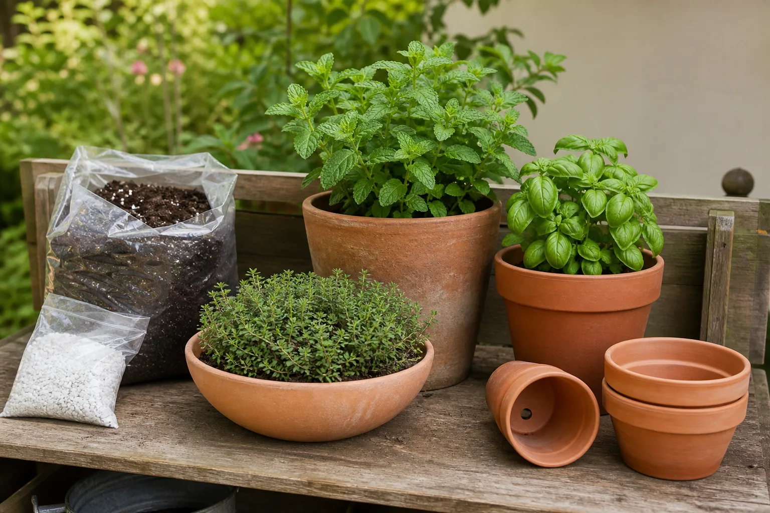 Terracotta and plastic pots with drainage holes on a potting bench