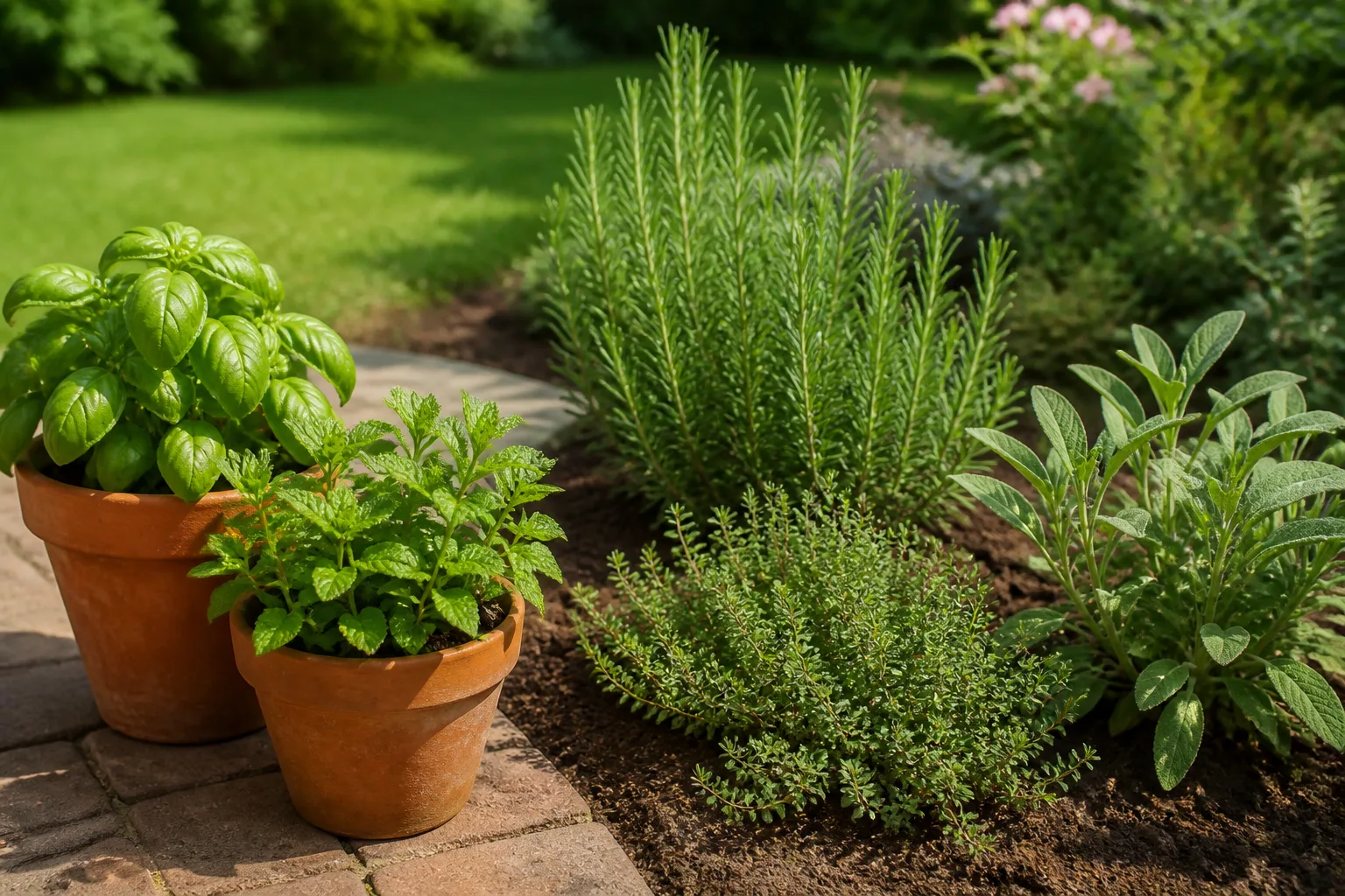 Grouped patio containers in varied pot sizes and materials on a sunny deck