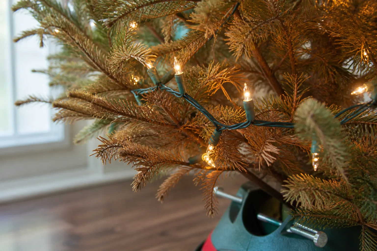 Christmas tree lights and a dry branch near a tree stand, illustrating why heat and cord checks matter