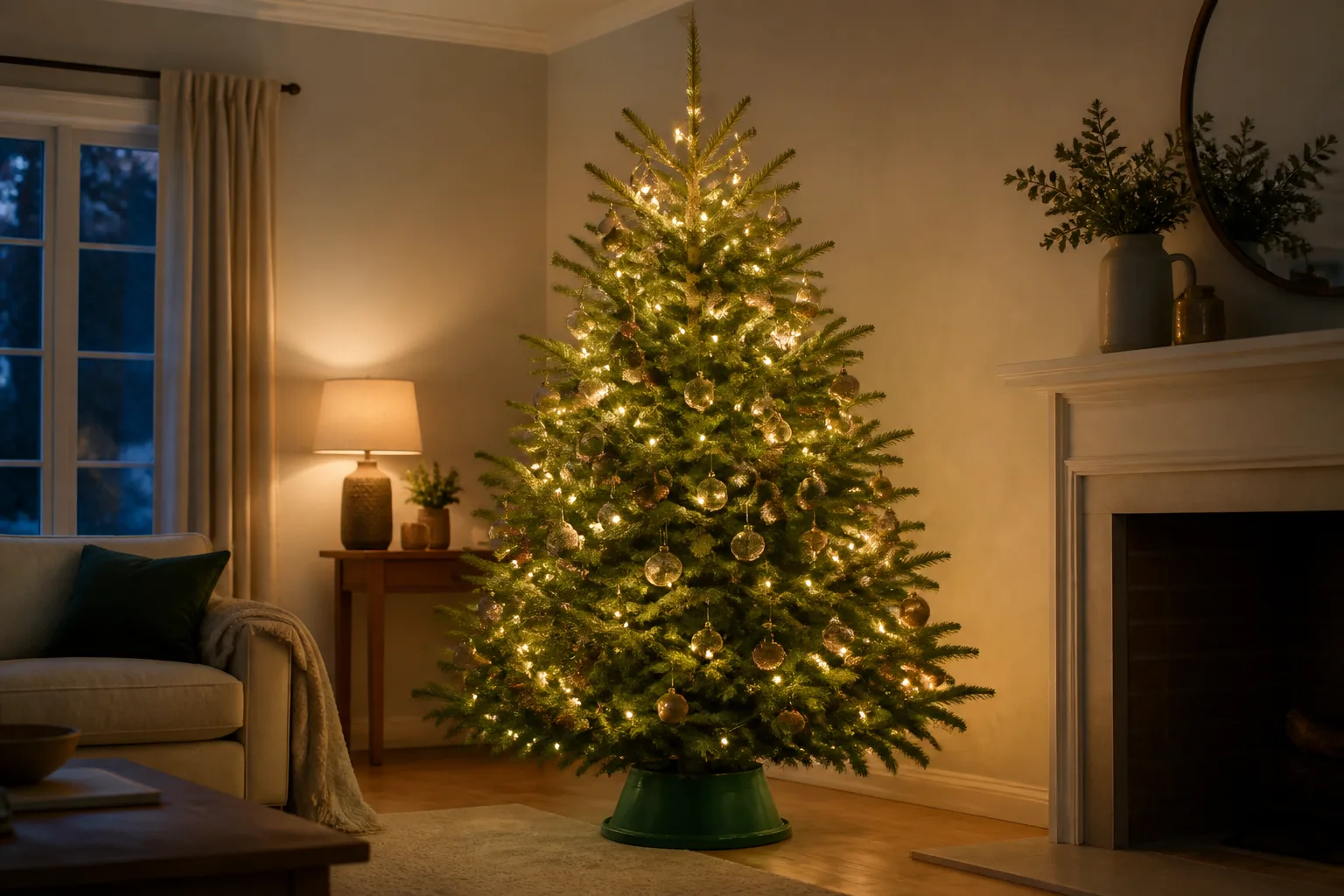 Decorated Christmas tree with warm white LED lights glowing in a cozy living room at night