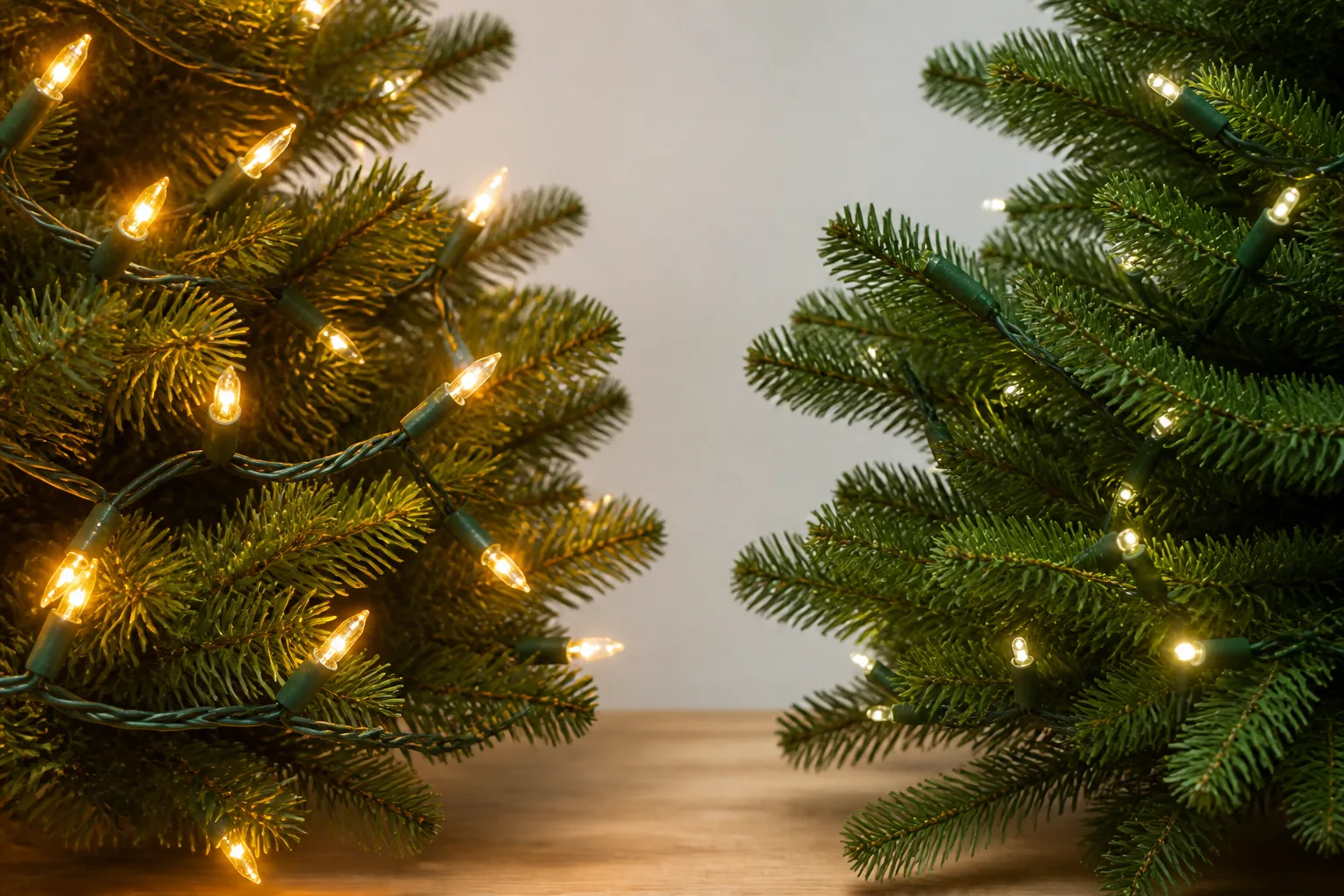 Holiday string lights arranged on evergreen branches for a safety check