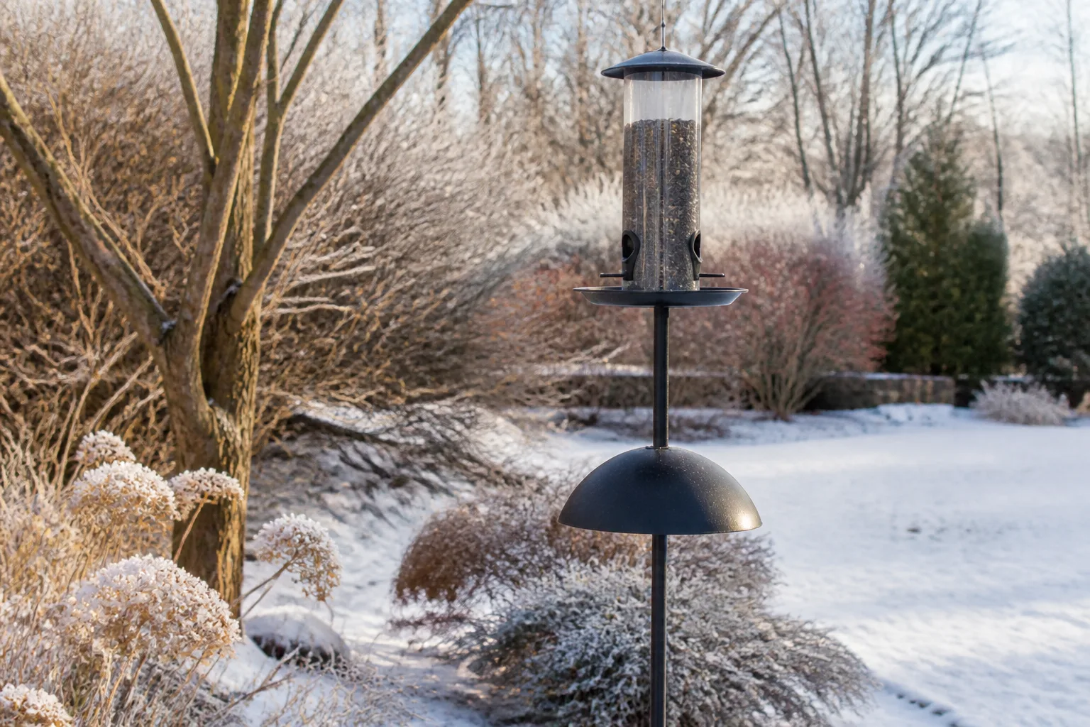 Backyard bird feeder on a pole with baffle in a winter garden setting