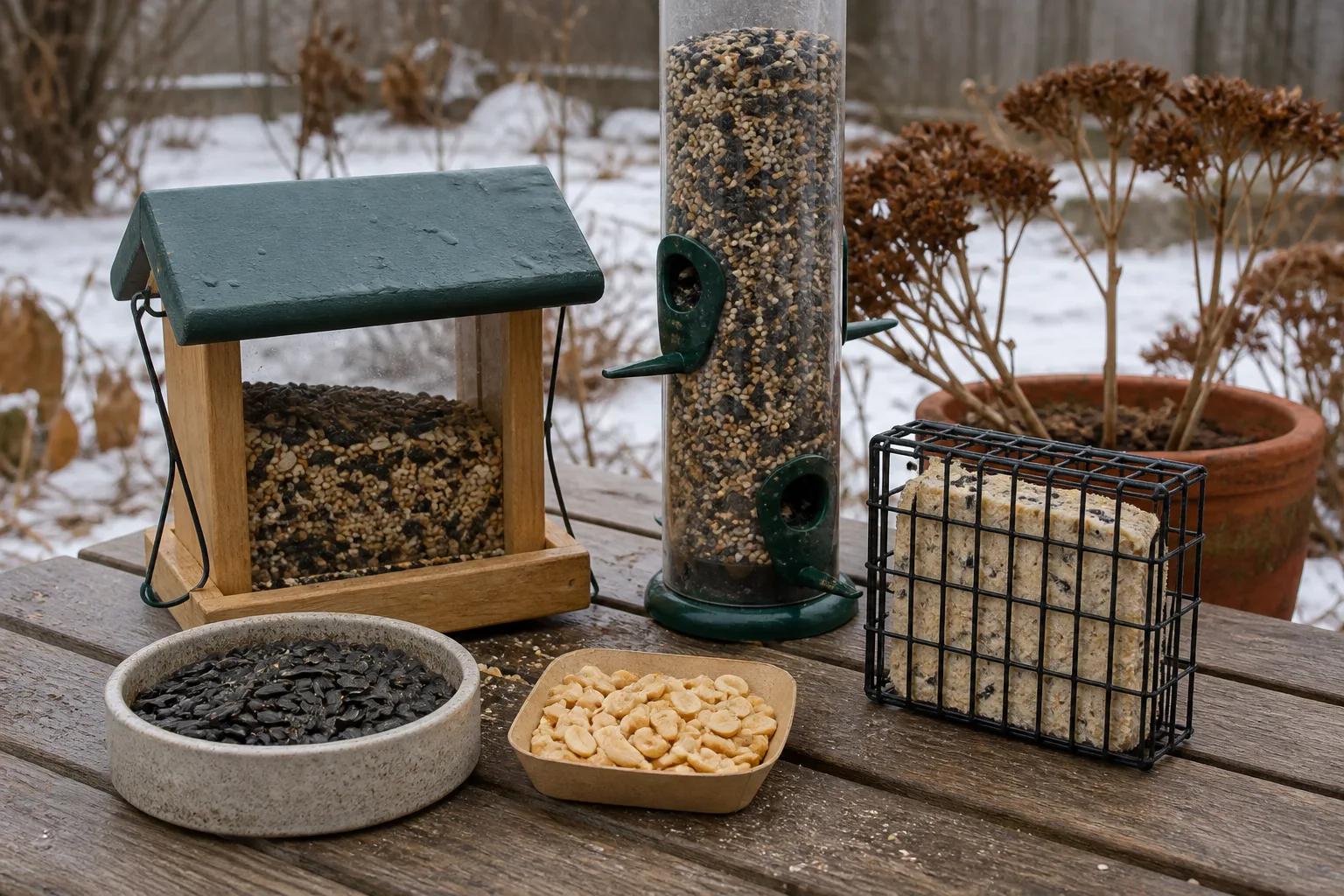 Winter bird feeding setup with suet, sunflower seed, and tube feeders