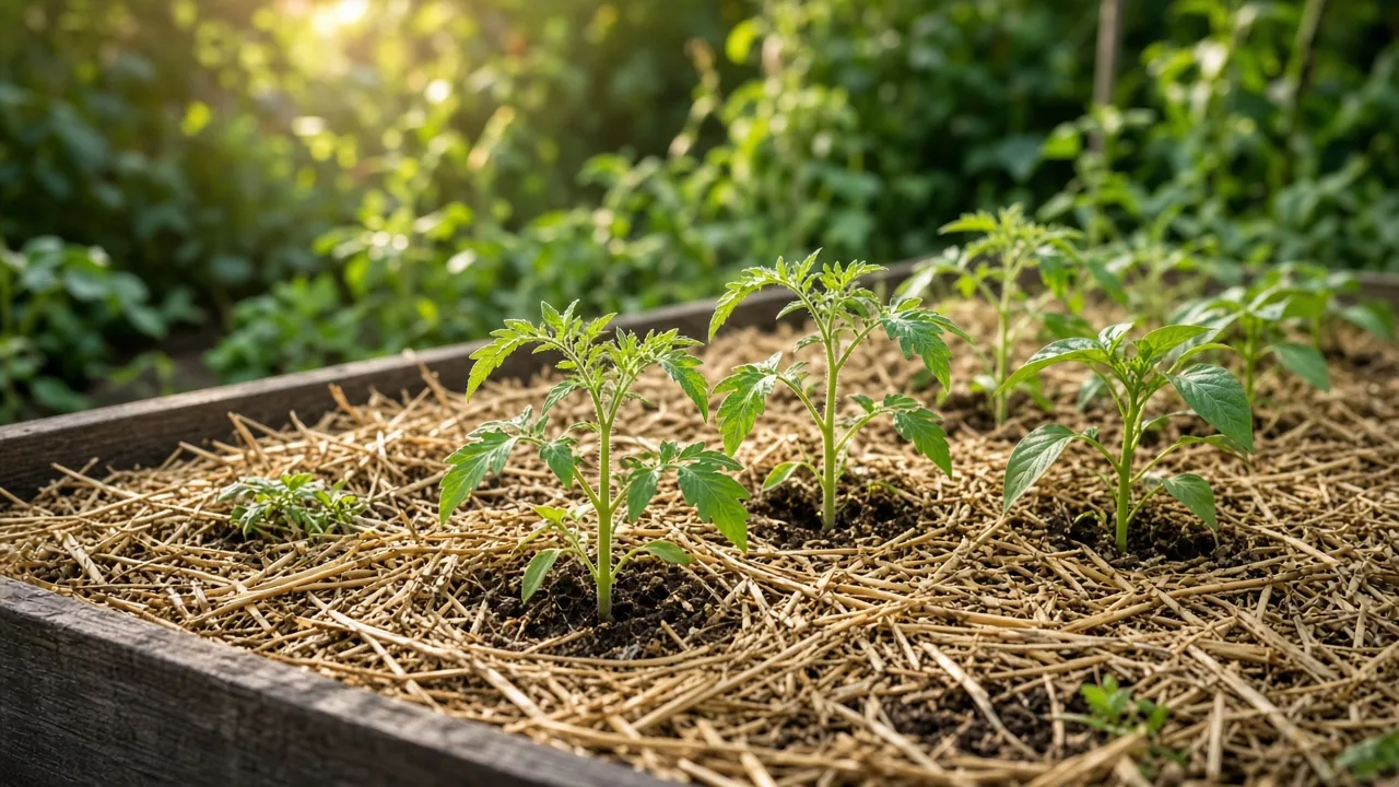Evenly mulched vegetable garden bed with healthy plants