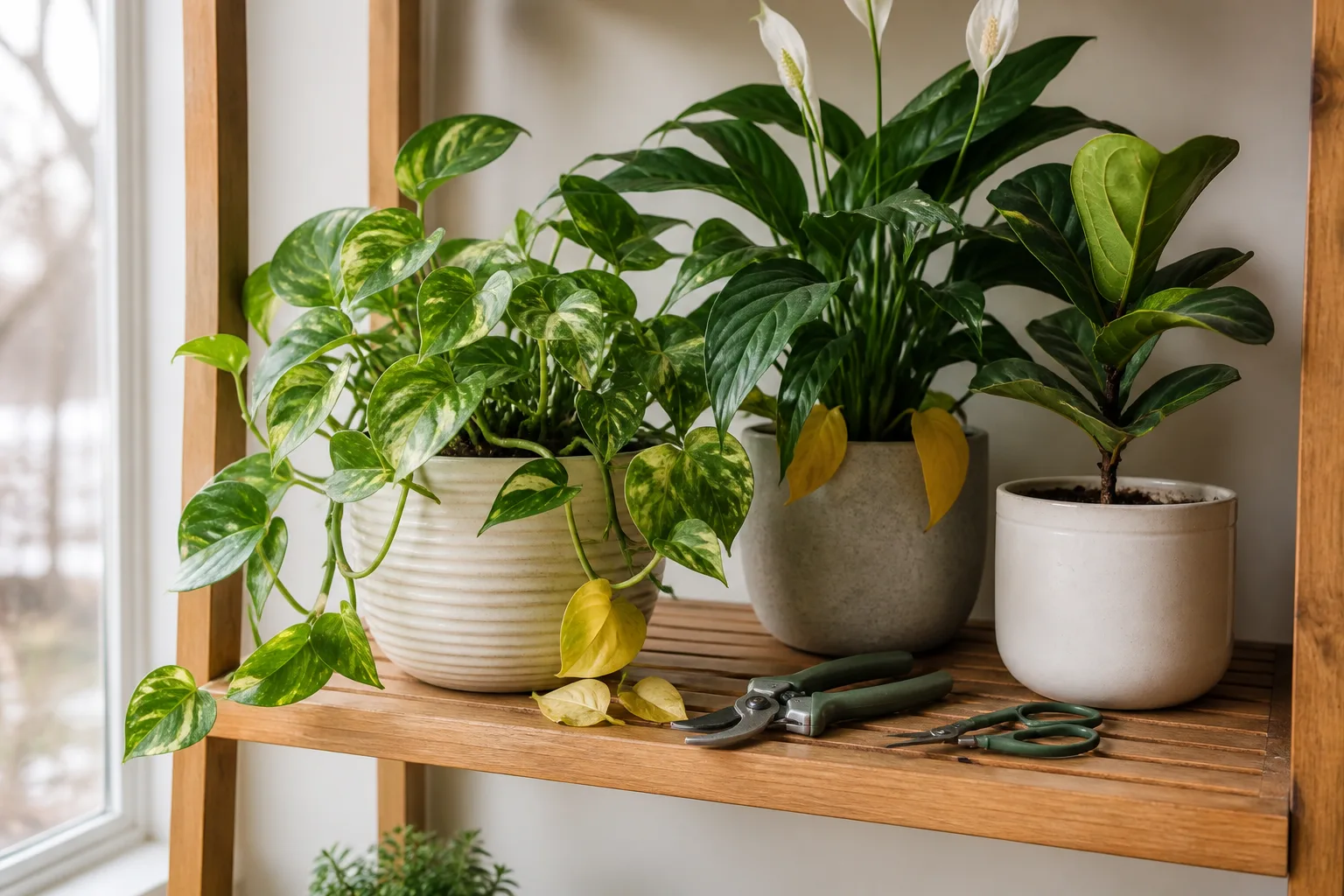Potted houseplants on an indoor shelf with pruning shears beside them, ready for winter cleanup cuts