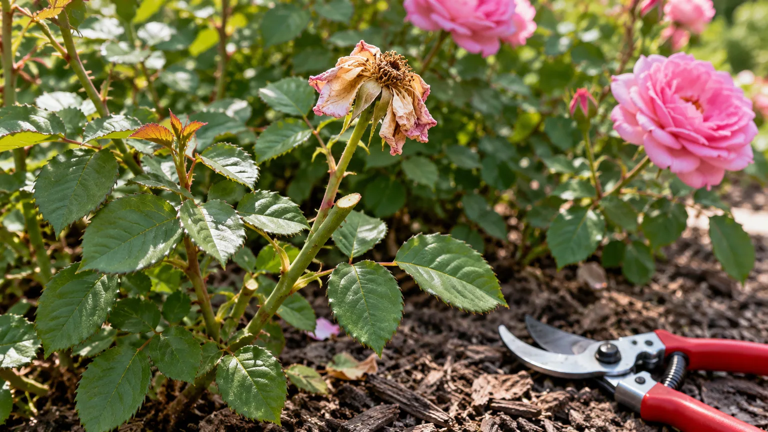 A faded rose bloom beside healthy foliage, cut just above a leaf joint