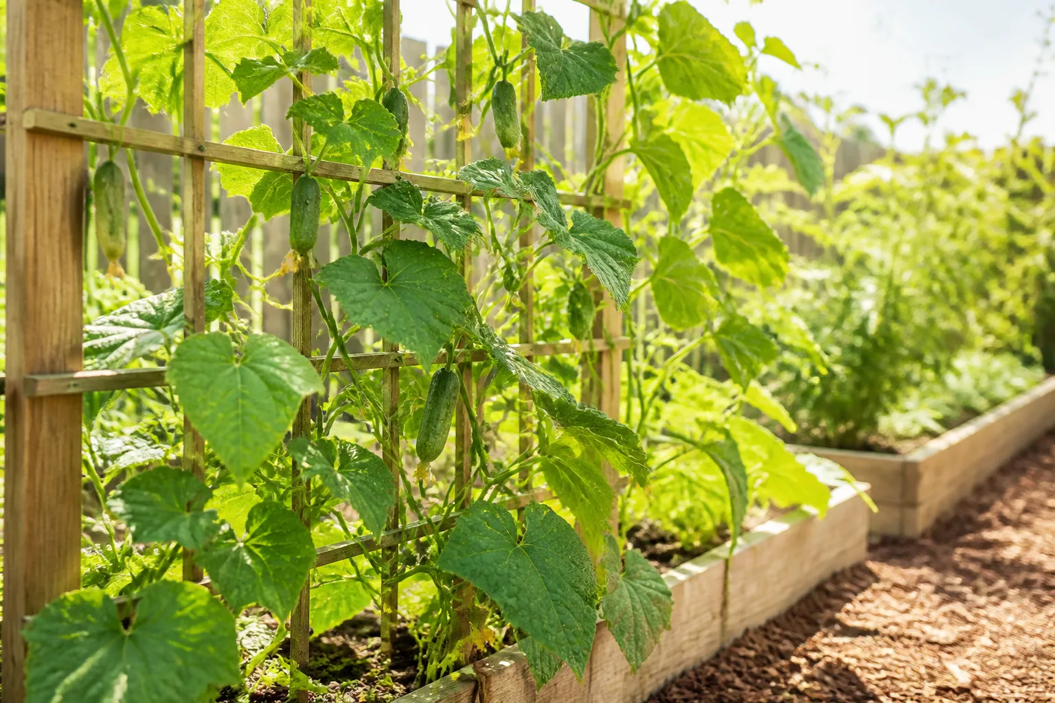 Vining cucumber plants climbing a wooden trellis in a sunny backyard vegetable bed with developing fruit