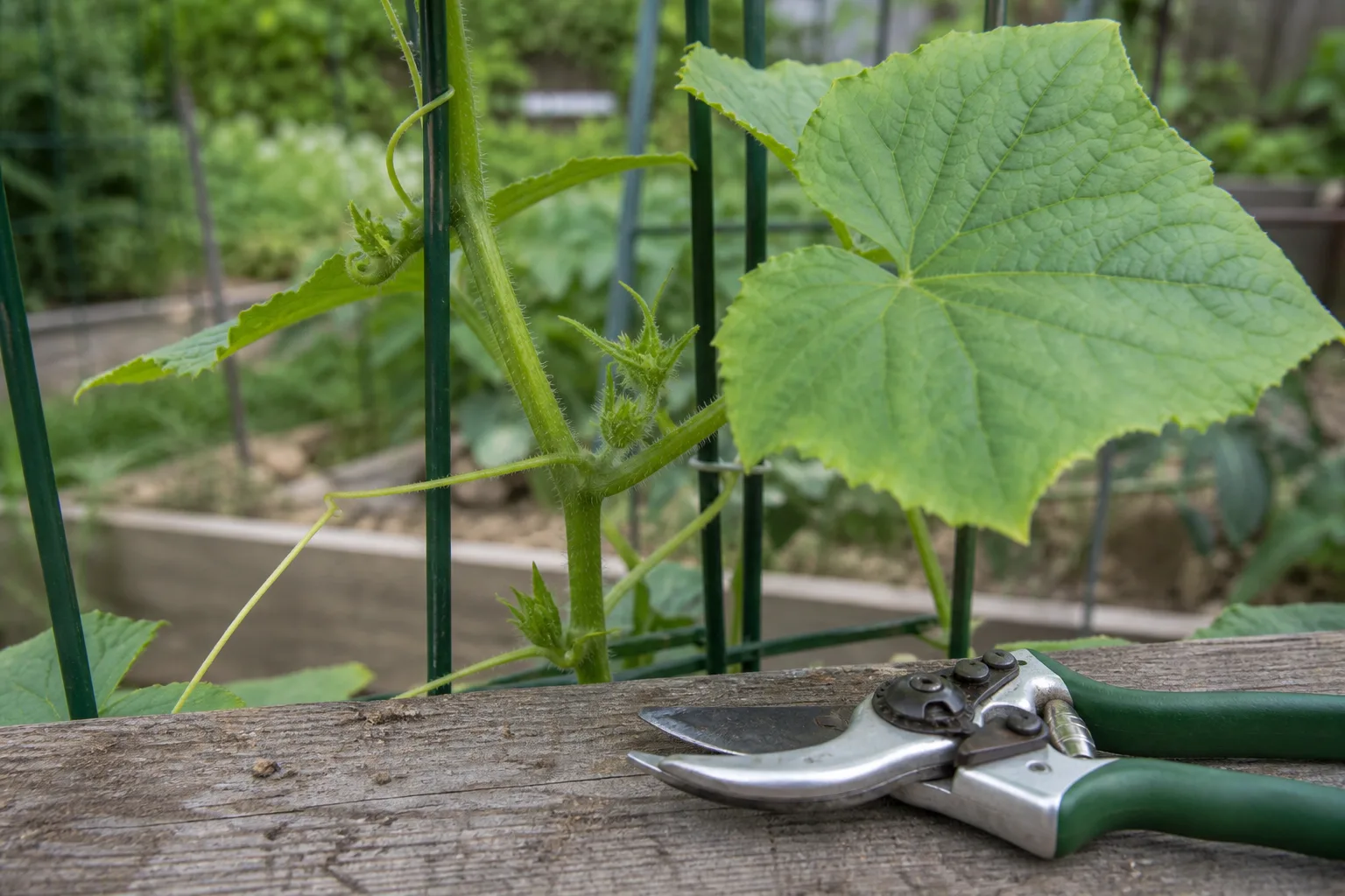 Cucumber vine node with sun leaf, tendril, and small side shoot sucker beside garden pruners